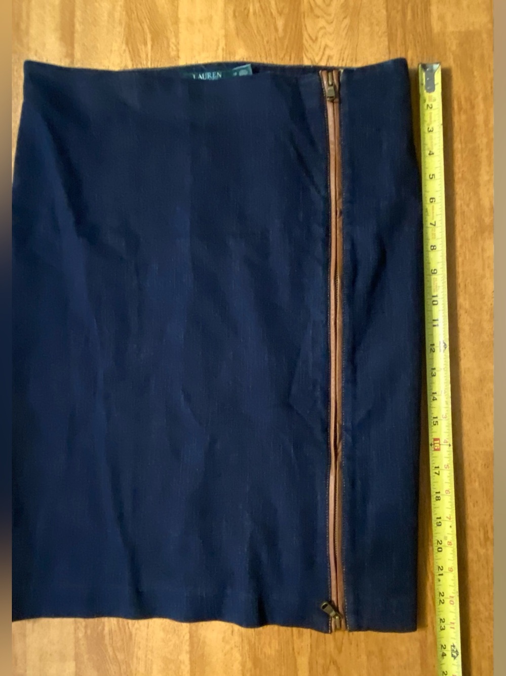 Lauren Ralph Lauren Denim Pencil Skirt Leather 2 Way Zip Front Size 10 Indigo